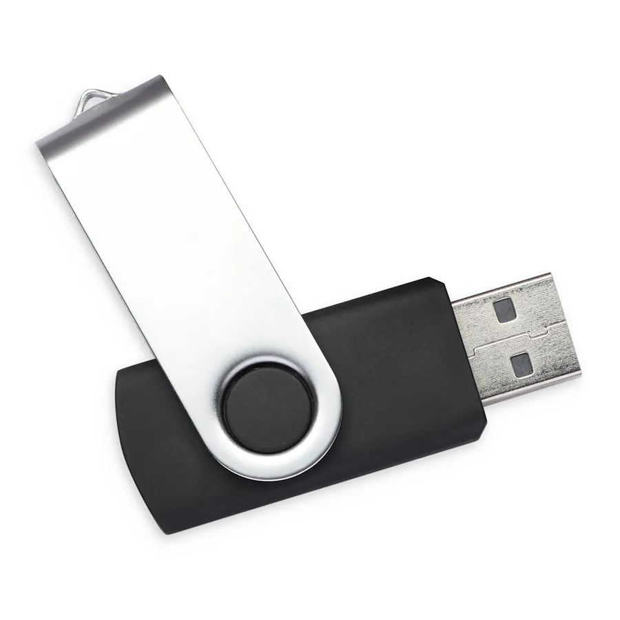 A black USB stick with a silver cover.