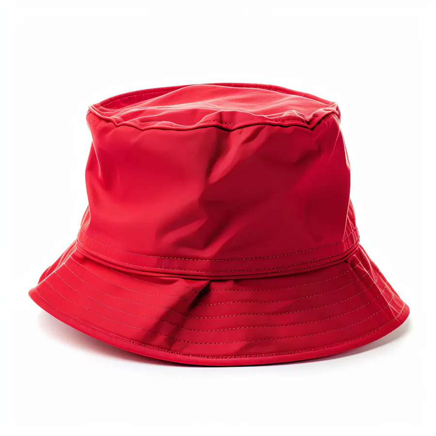 A solid bright red bucket hat with matching red stitching along the brim.