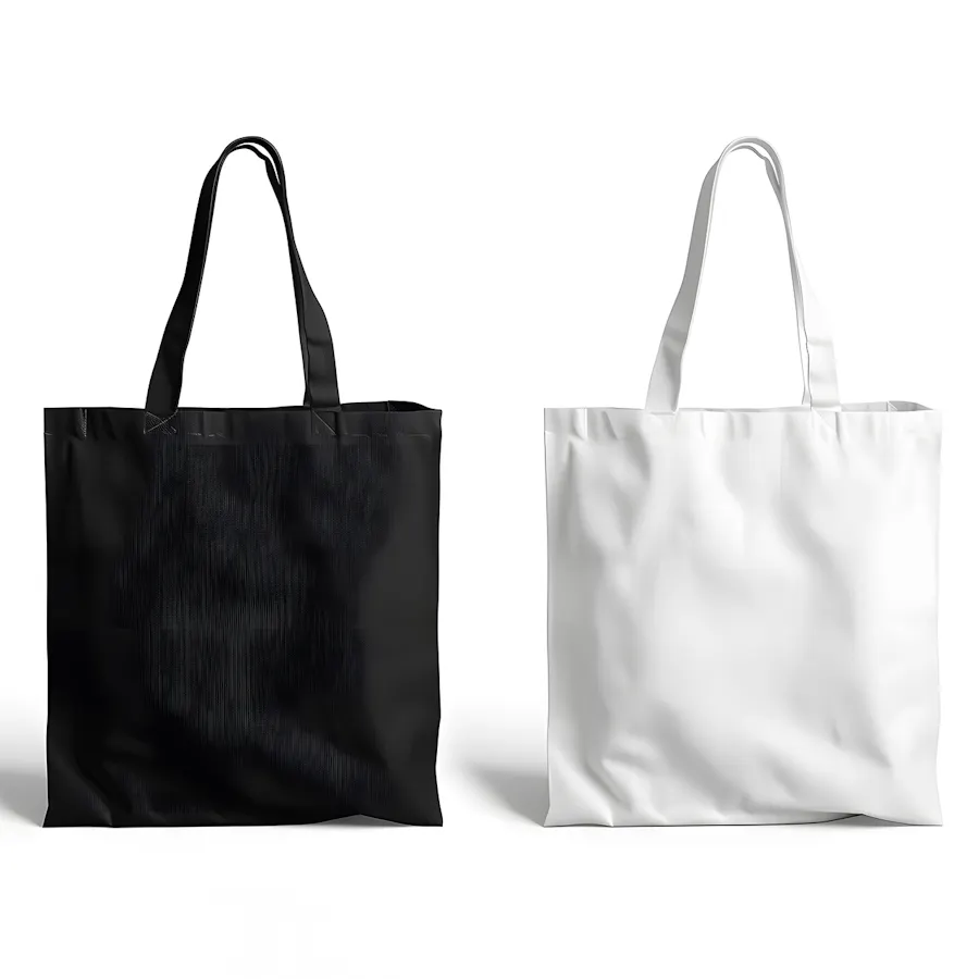 Two tote bags lined up next to each other in solid black and solid white.