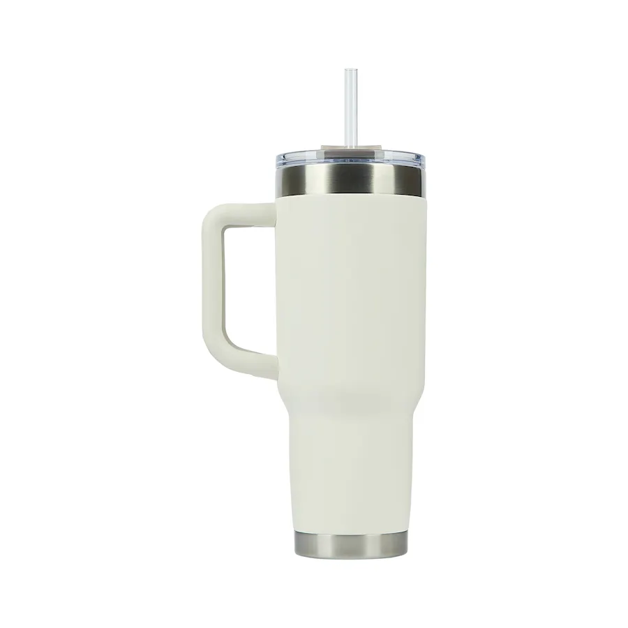 A white travel water bottle with a matching handle, silver trim and a clear lid and straw.