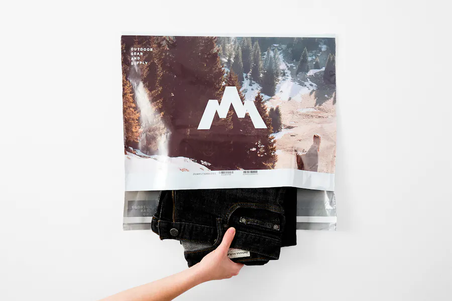 A hand pulling a pair of jeans from a shipping poly bag printed with an outdoor mountain and forest scene.