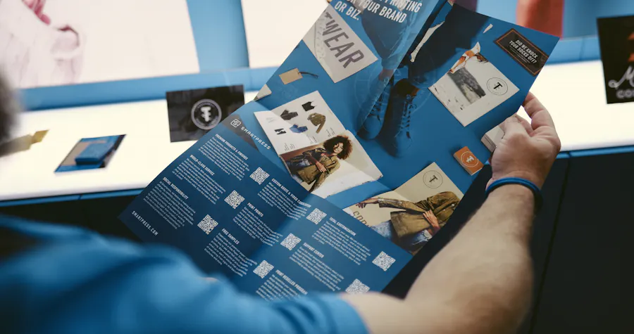 A person holding an unfolded brochure printed with a blue Smartpress design.