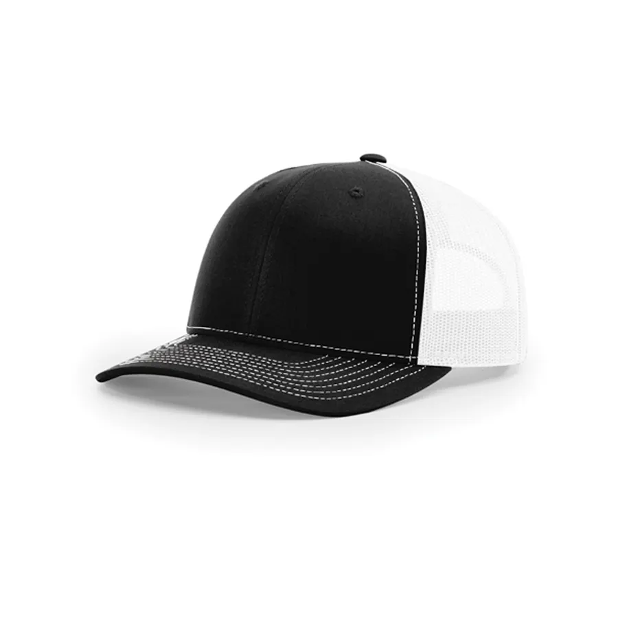 A custom trucker hat with a solid black front and bill and a white perforated back.