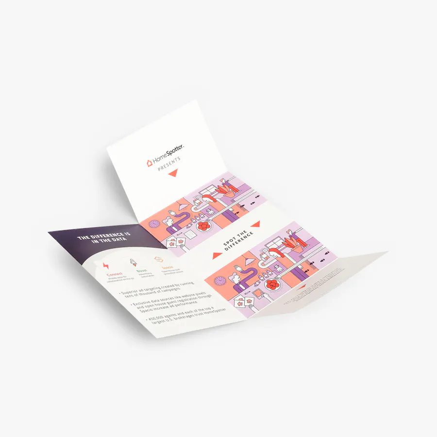 A custom self-mailer laying unfolded and printed with a pink and purple design and content about targeted ads.