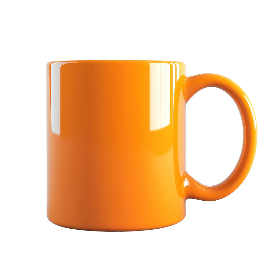 A coffee mug in solid orange color with the hand on the right.