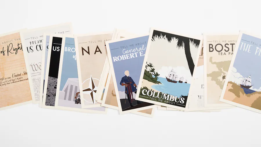 A line of history flashcards fanned out and printed with muted blues and tans and American history facts.