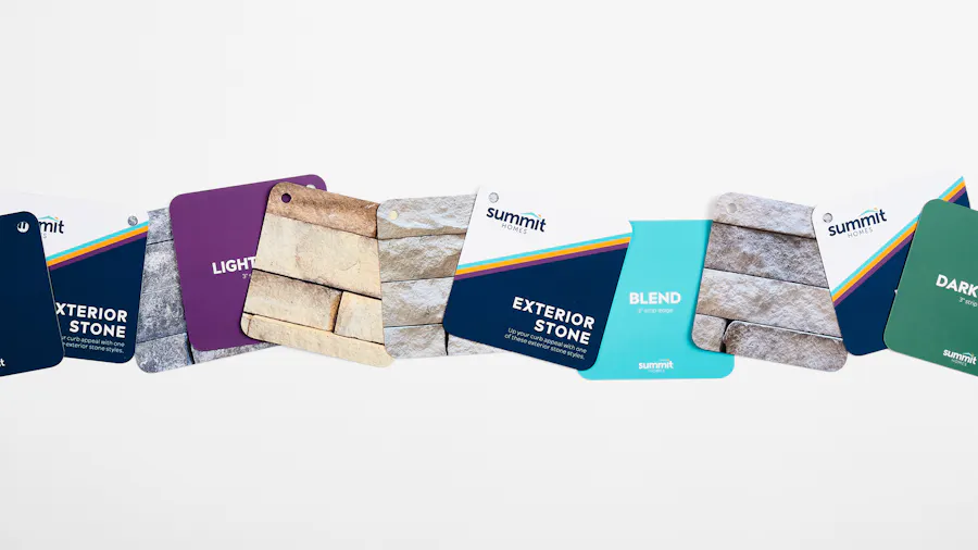 11 custom flashcards fanned out and printed with a square design and images of home exterior stone options.