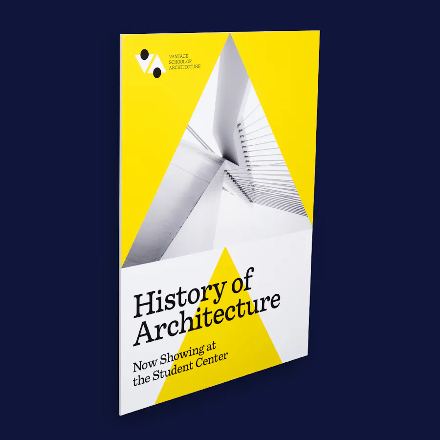 A custom sign printed with a yellow and white design and History of Architecture in black.