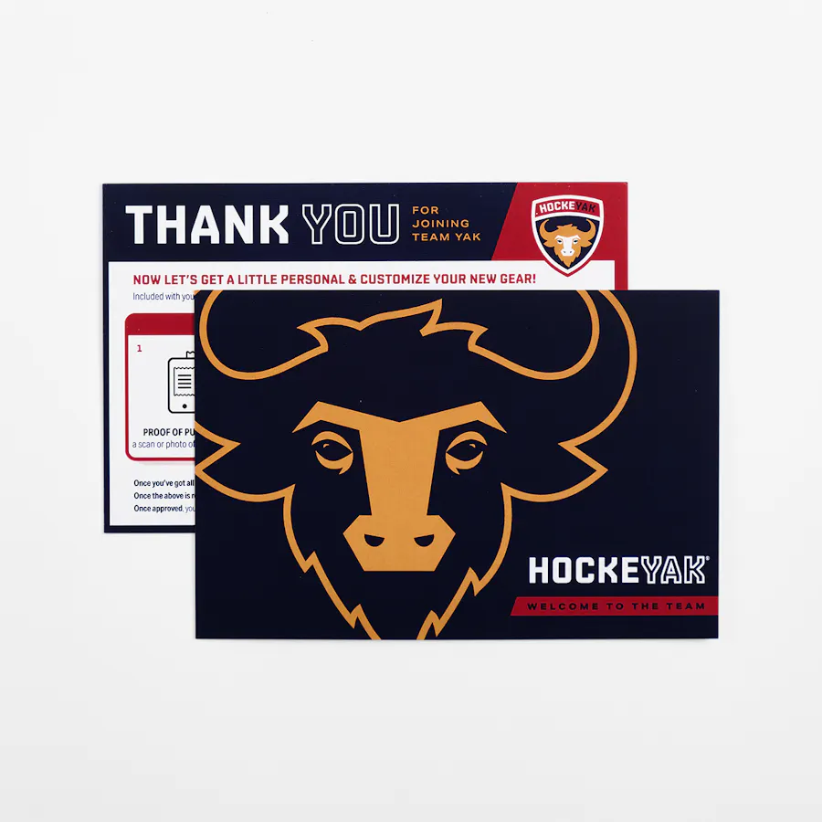 Two custom postcards overlapping each other and printed with thank you messaging for HOCKEYAK.