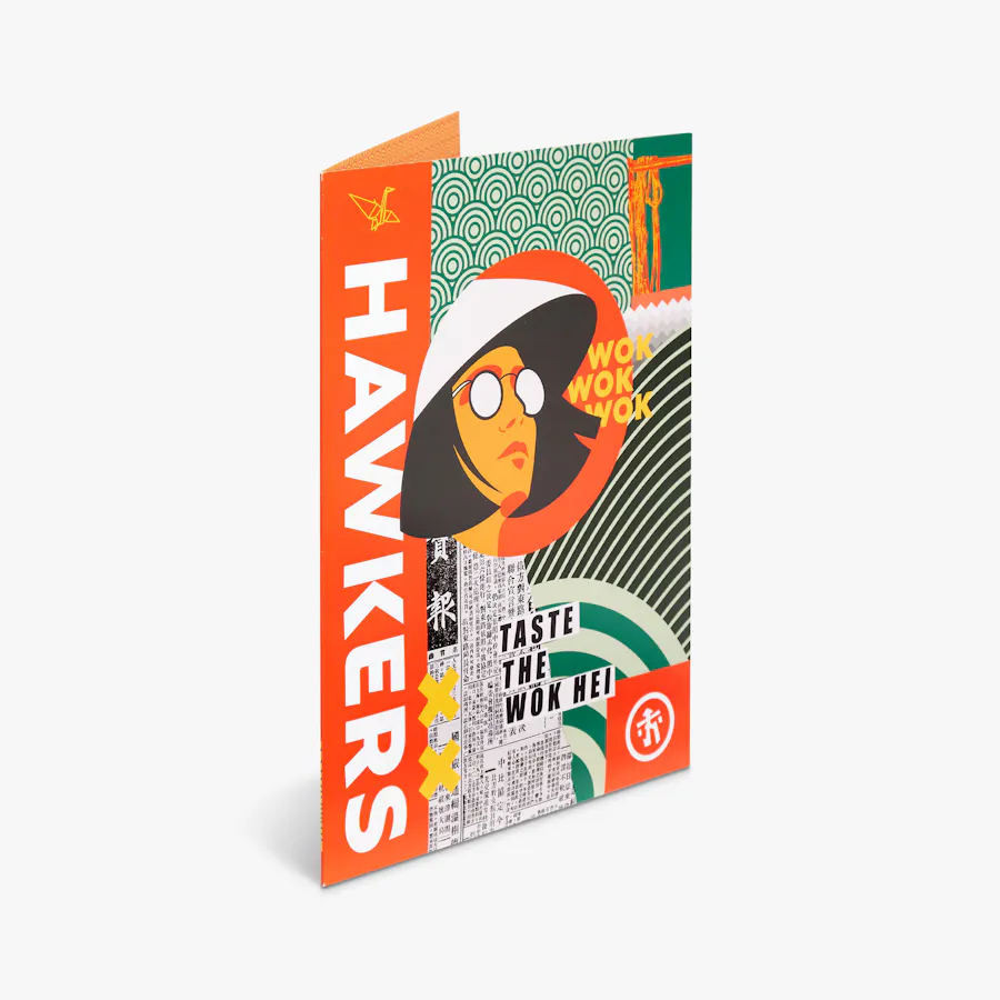 A custom pocket folder standing open and printed with Hawkers in white and a, orange, green, black and yellow design.