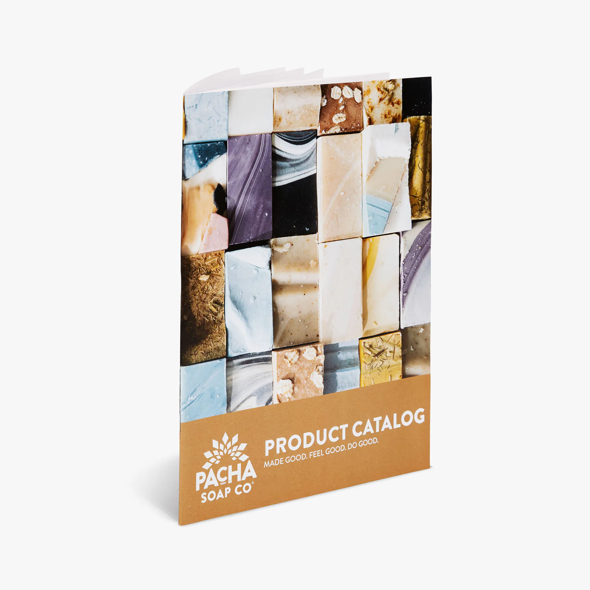A direct mail catalog standing open and printed with Pacha soap images.