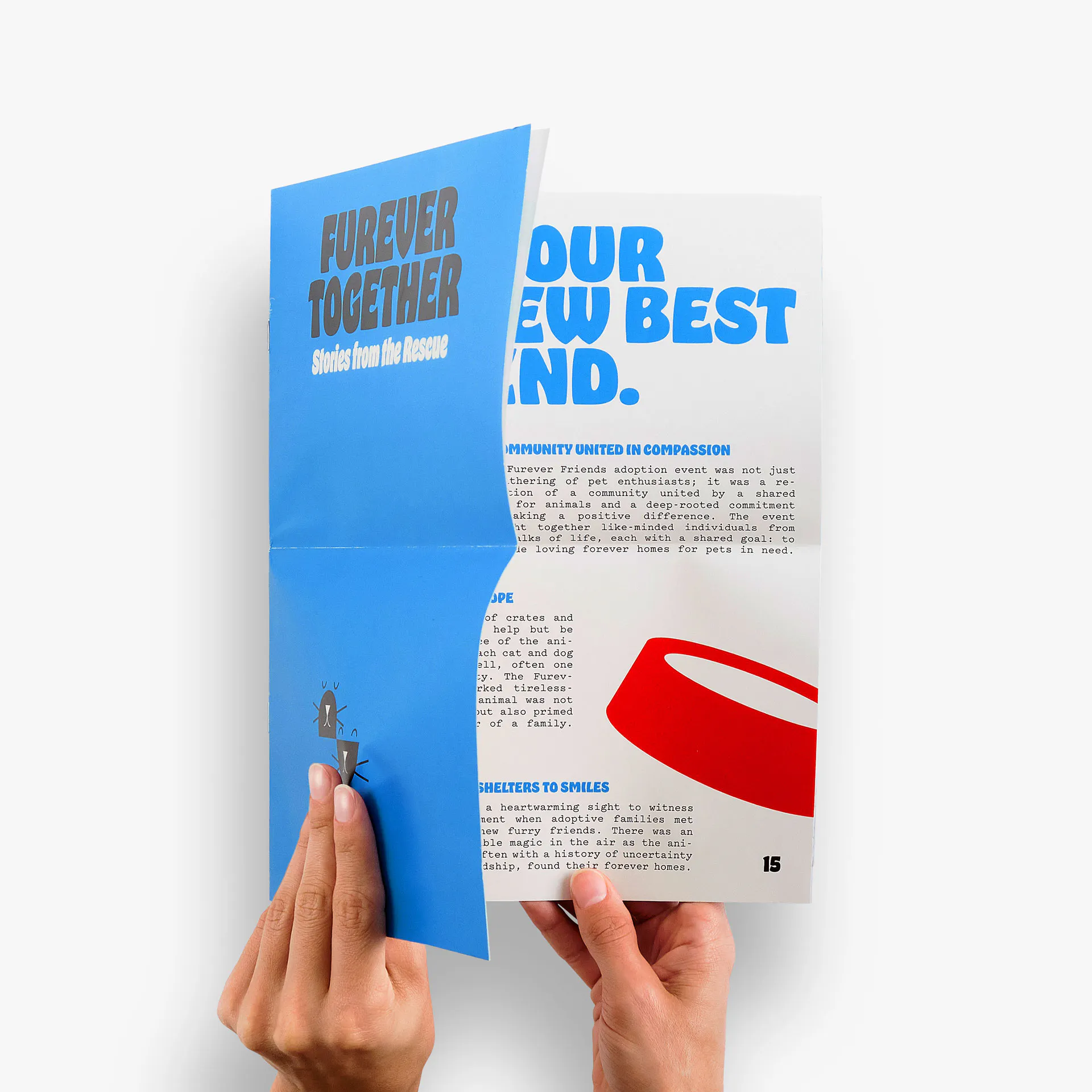 Two hands opening a direct mail newsletter printed with Furever Together and dog rescue details.