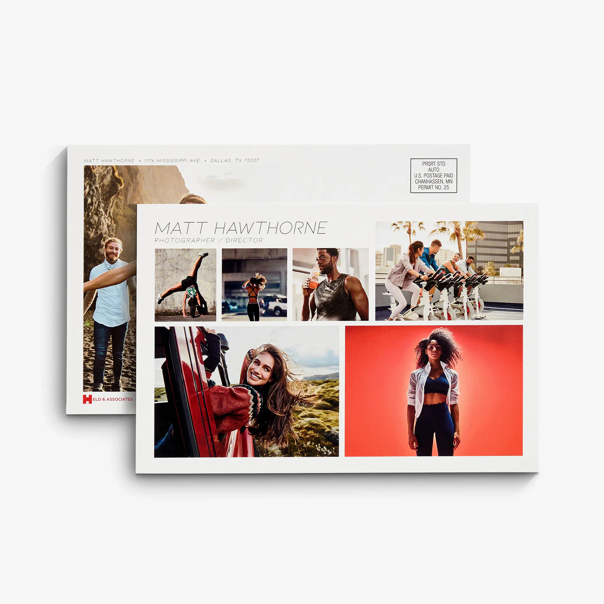 Two direct mail postcards overlapping each other and printed with images of people working out.