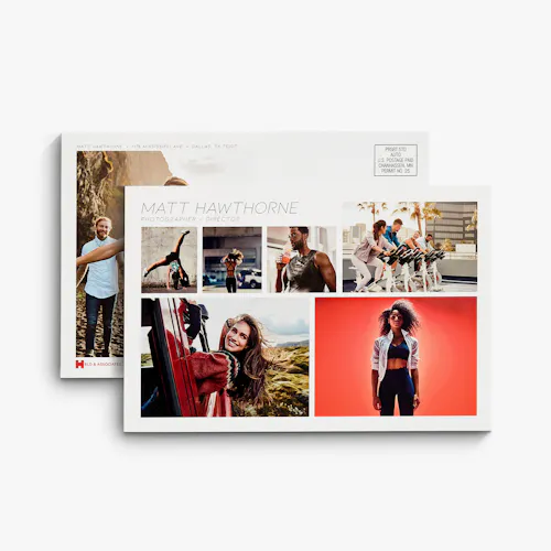 Direct Mail Postcard Two direct mail postcards overlapping each other and printed with images of people working out.