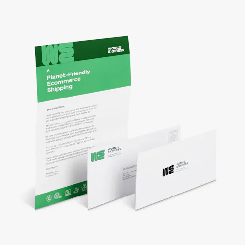 Letter Mailer with Reply Envelope A letter mailer, envelope and reply envelope printed with a World Express design in shades of green.
