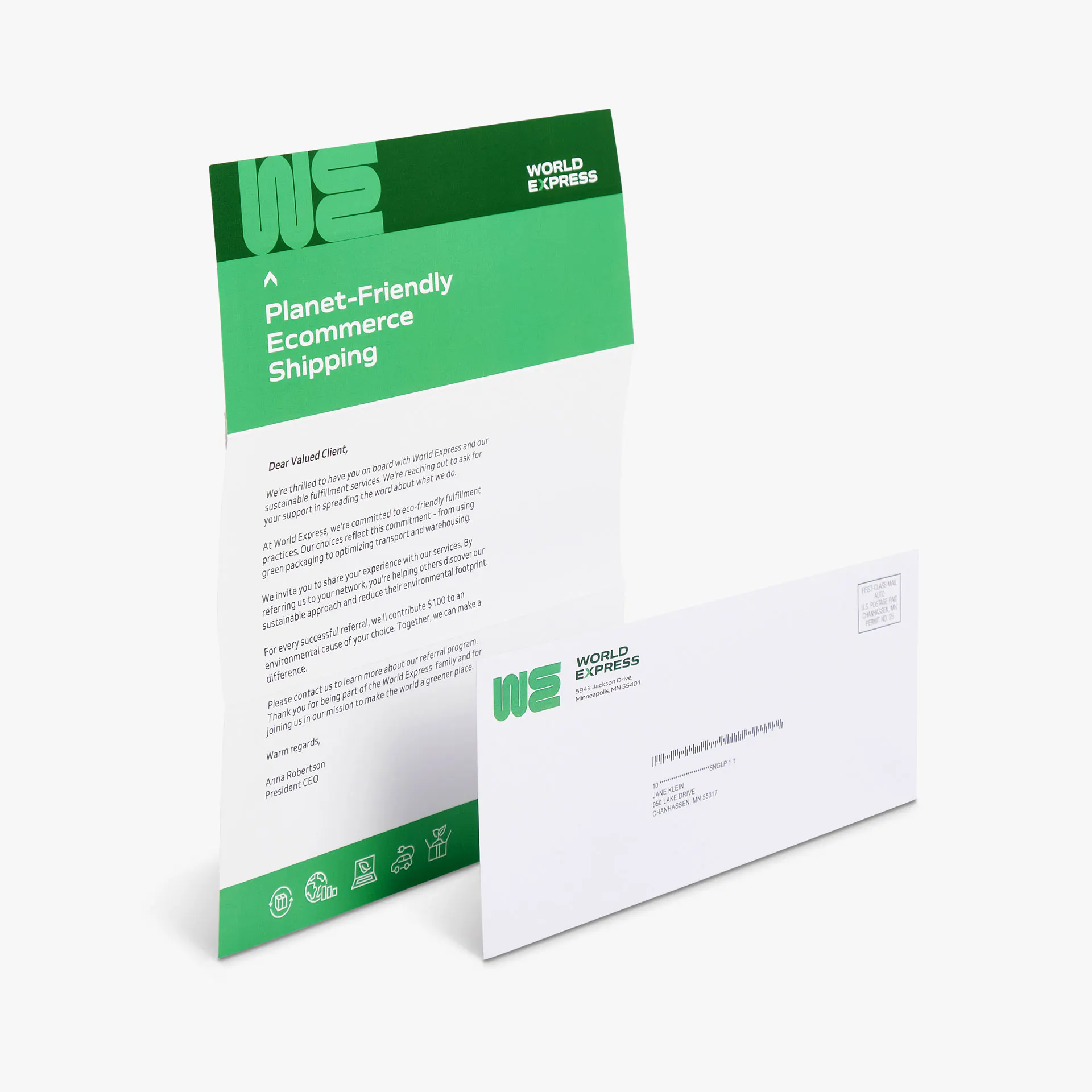 A letter mailer and matching envelope printed with World Express letterhead in light and dark green.