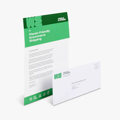 Letter Mailer A letter mailer and matching envelope printed with World Express letterhead in light and dark green.