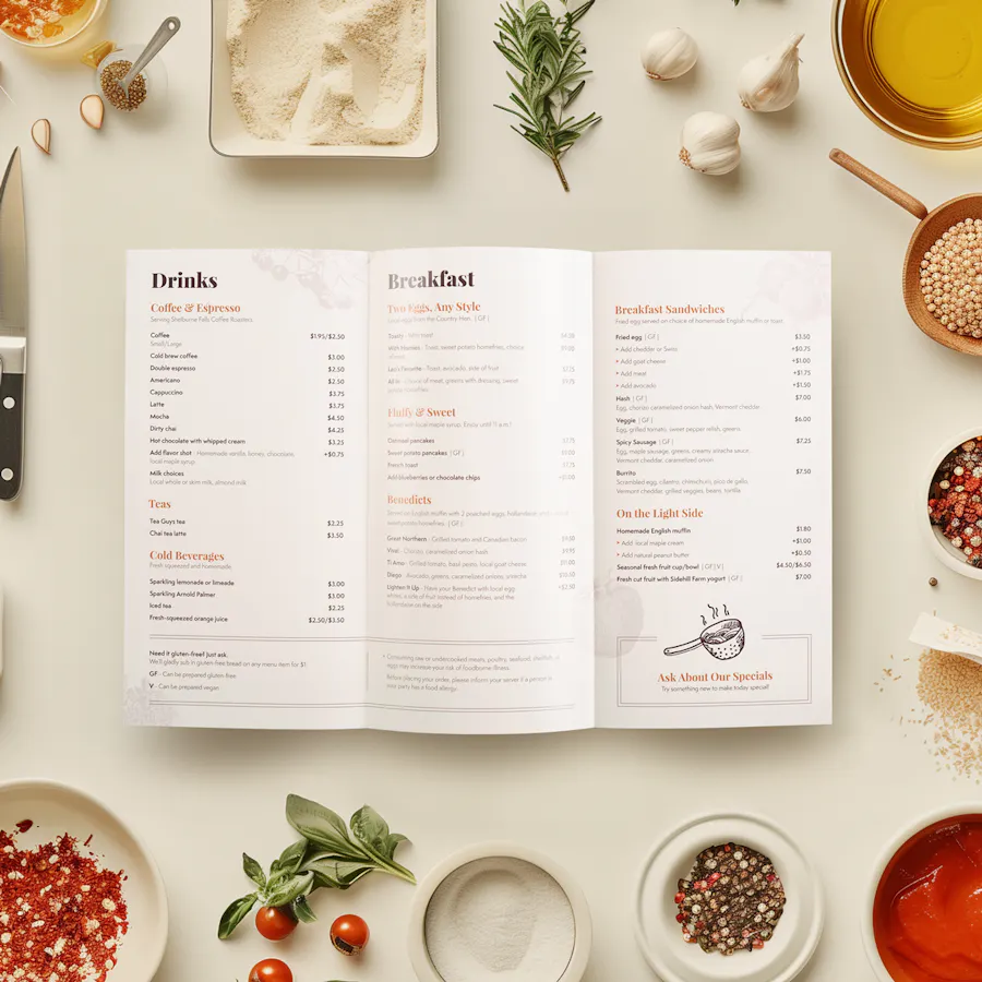 A brochure menu laying unfolded and printed with drinks and breakfast items with ingredients around it.