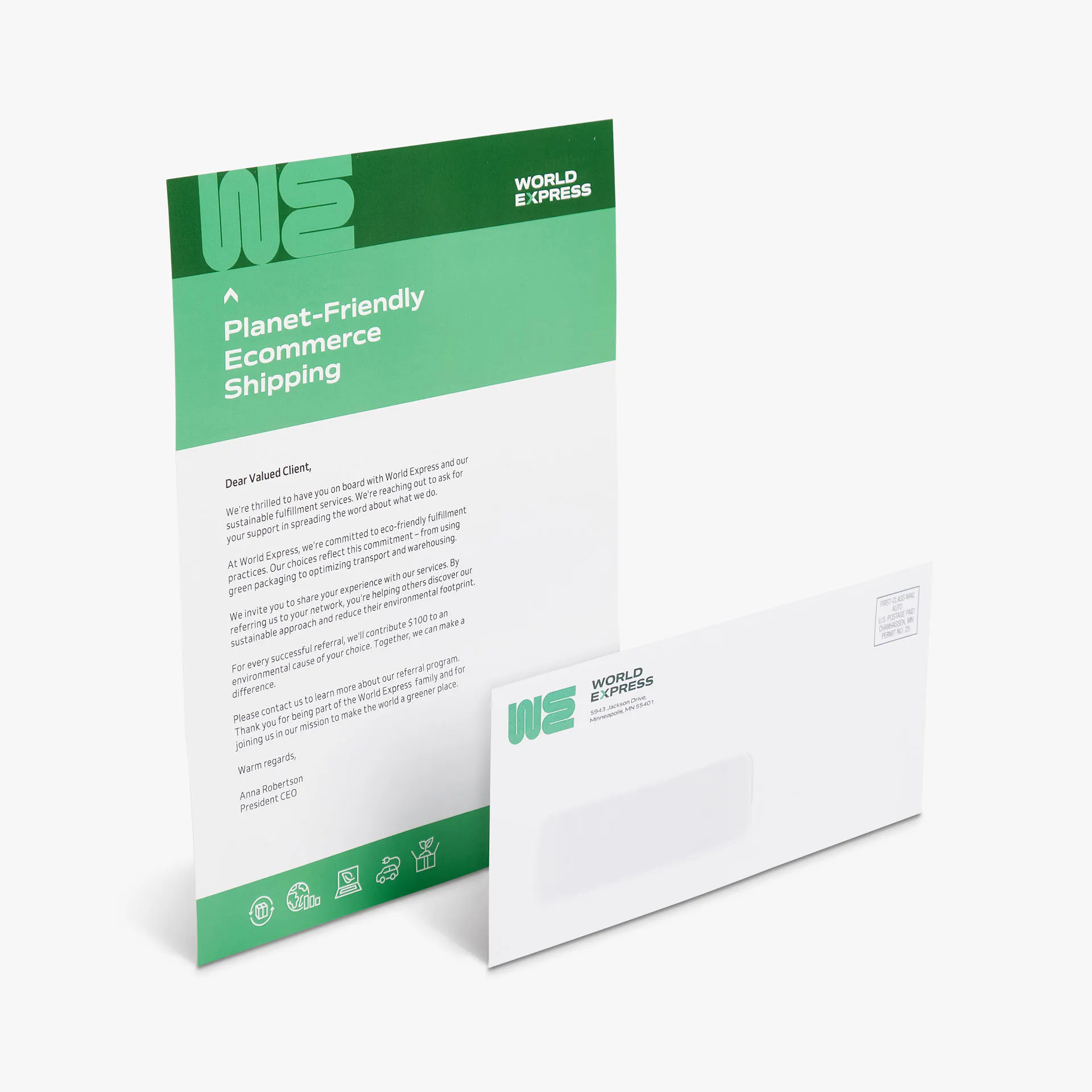 A letter mailer with a window envelope printed with World Express letterhead in shades of green.