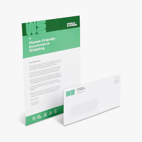 Window Letter Mailer A letter mailer with a window envelope printed with World Express letterhead in shades of green.