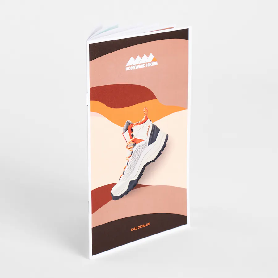 A custom catalog printed with Homeward Hiking and a shoe on the cover.
