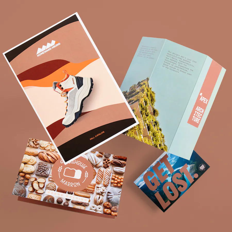 A custom catalog, brochure, card and postcard printed with Pantone's Mocha Mousse color.