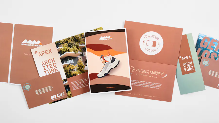 Print marketing assets laid out in a row and printed with designs in Pantone Color of the Year 2025 Mocha Mousse.