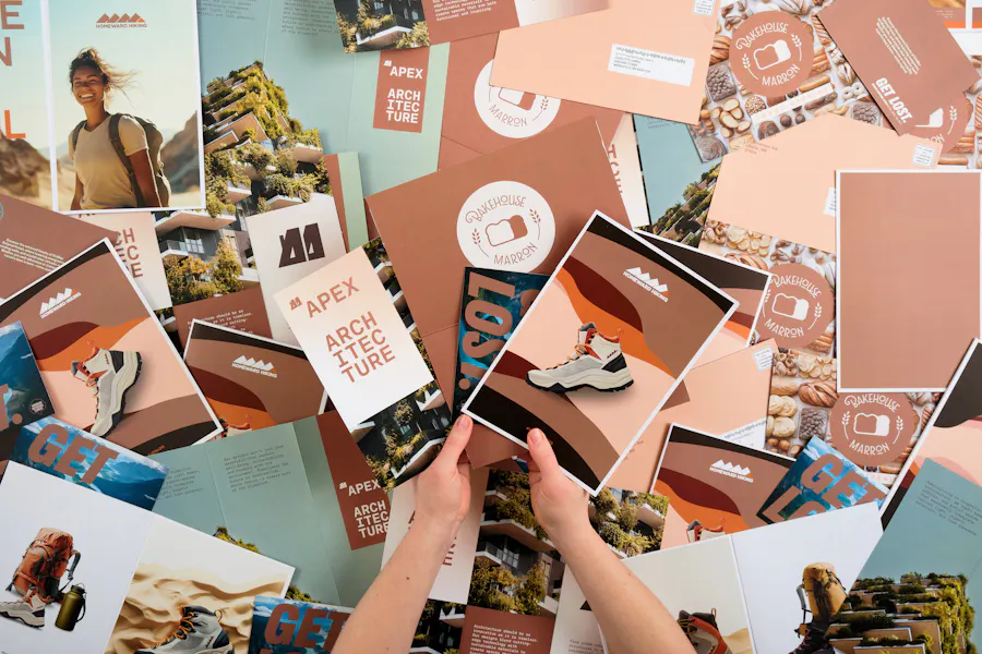 Two hands holding four print marketing pieces designed with Pantone Color of the Year 2025 Mocha Mousse.