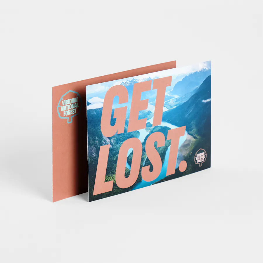 Two custom postcards overlapping each other and printed with Get Lost in Mocha Mousse.