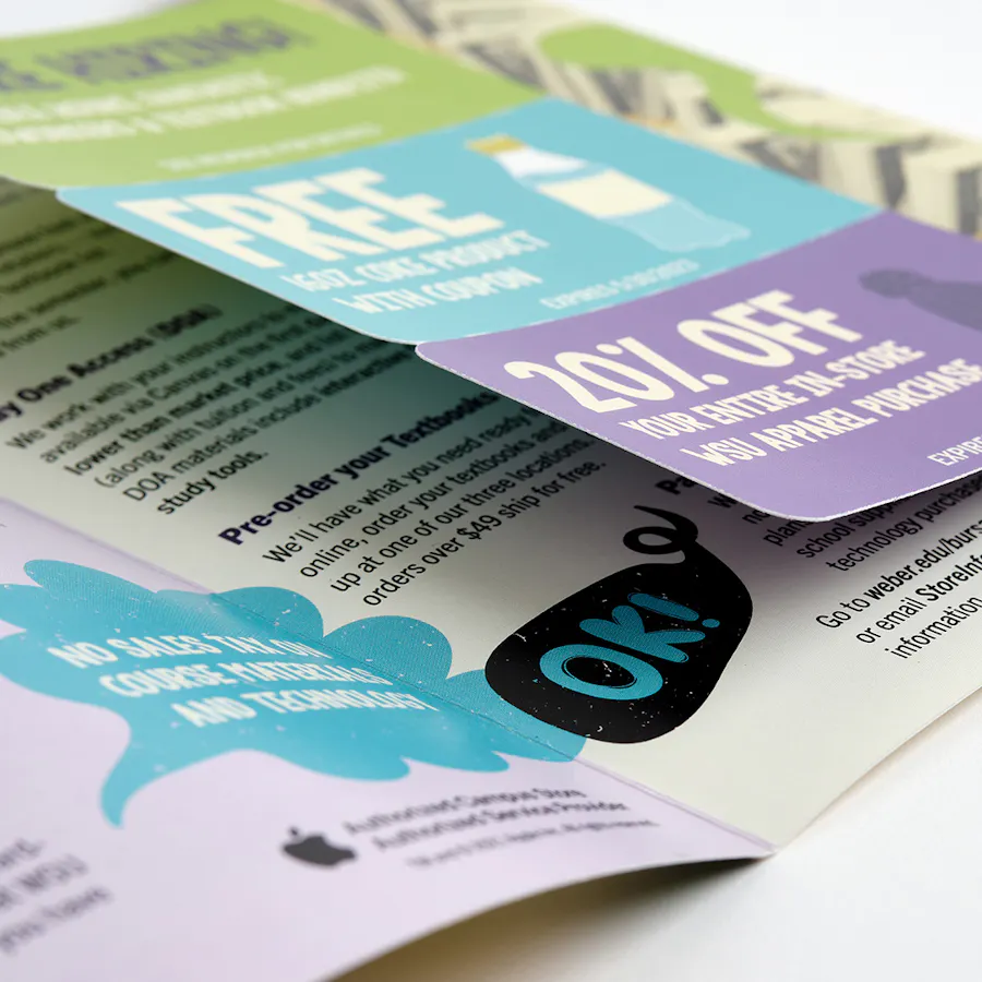 A trifold brochure with three perforated discount cards printed in green, blue and purple designs.
