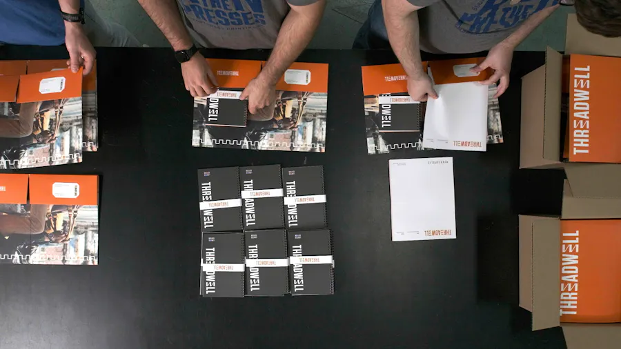 Two people standing at a table and assembling print materials into pocket folders.