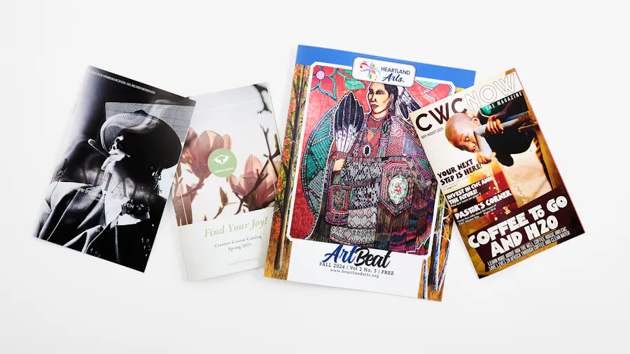 Four marketing magazines lined up in a row with various cover designs.