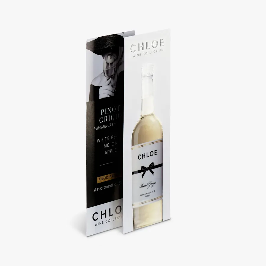 Two bookmarks printed with wine marketing and imagery and a raised UV finish.