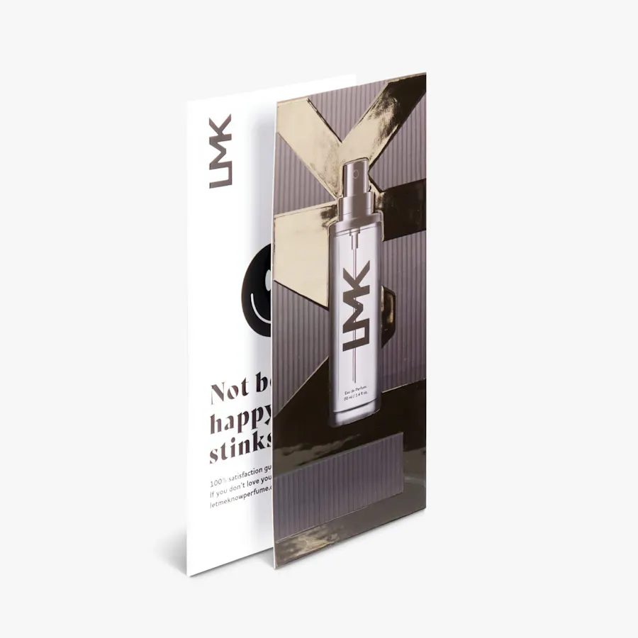 Two fragrance rack cards overlapping each other and printed with a raised spot UV finish.
