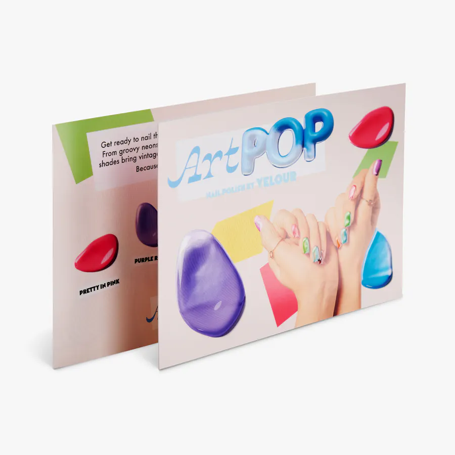 Two nail polish marketing postcards printed with a raised UV finish over ArtPOP in blue.