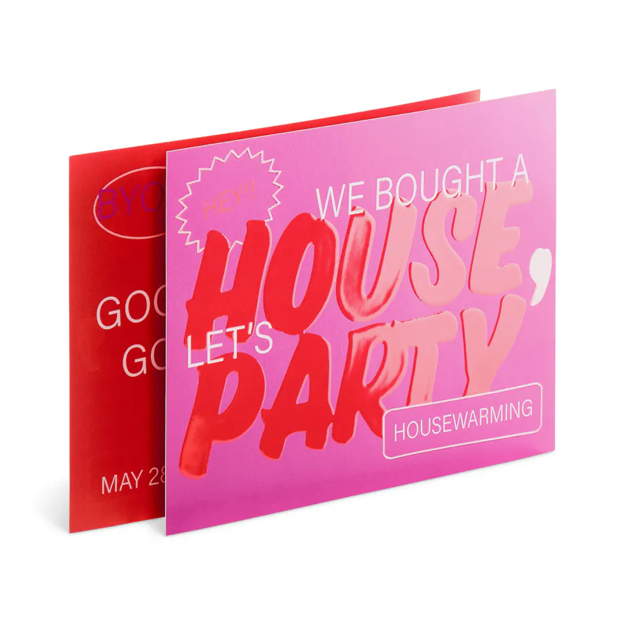 Two custom invitations overlapping each other and printed with house part details with raised UV.