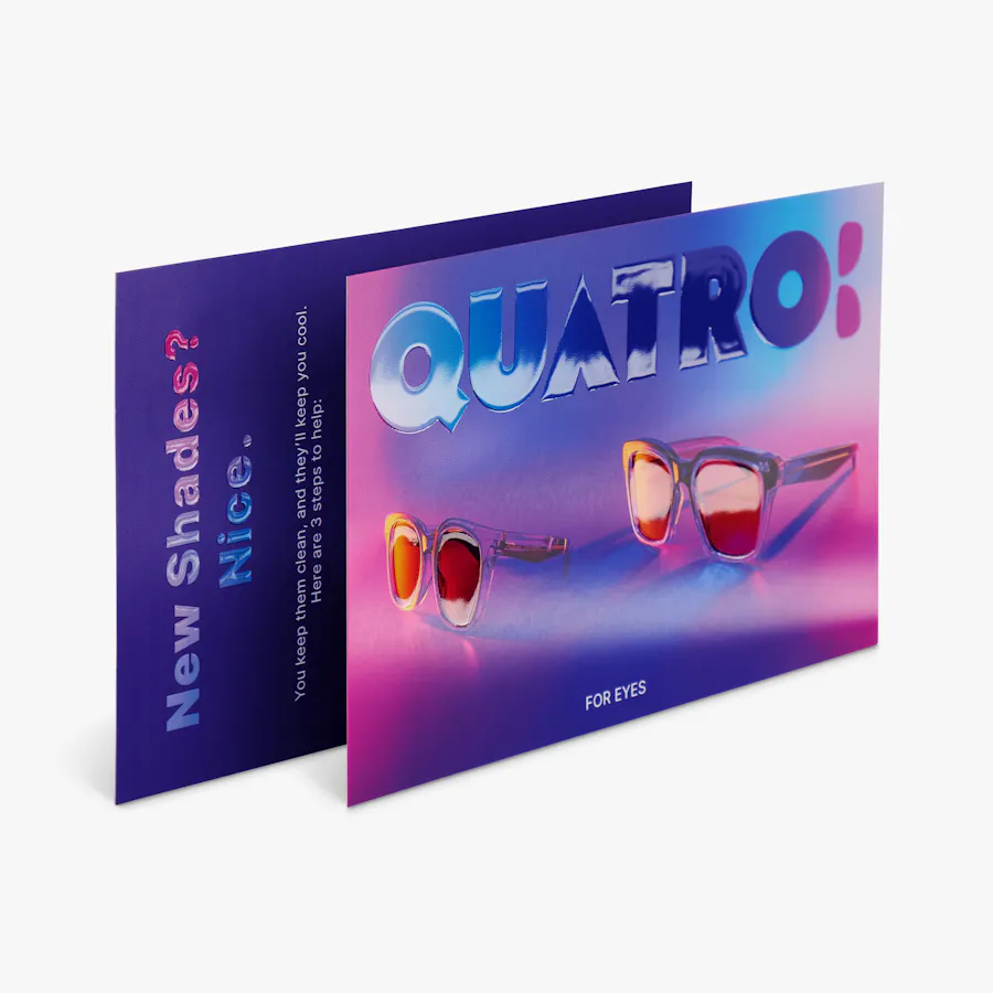 Two marketing postcards overlapping each other and printed with a raised UV finish on the brand name.