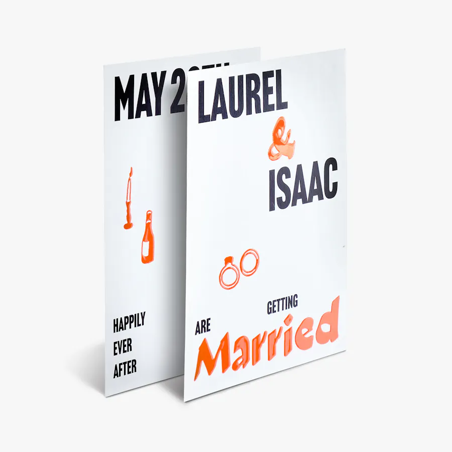 Two save the dates printed with a black, white and orange design and raised UV finish.