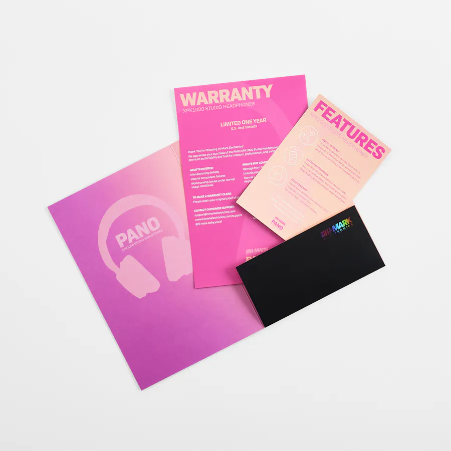 A pocket folder laying open with one black pocket and two flyers sticking out of it.