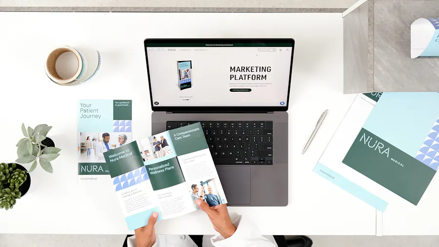 A person in a white coat sitting at a desk with a laptop and health care marketing materials on it.