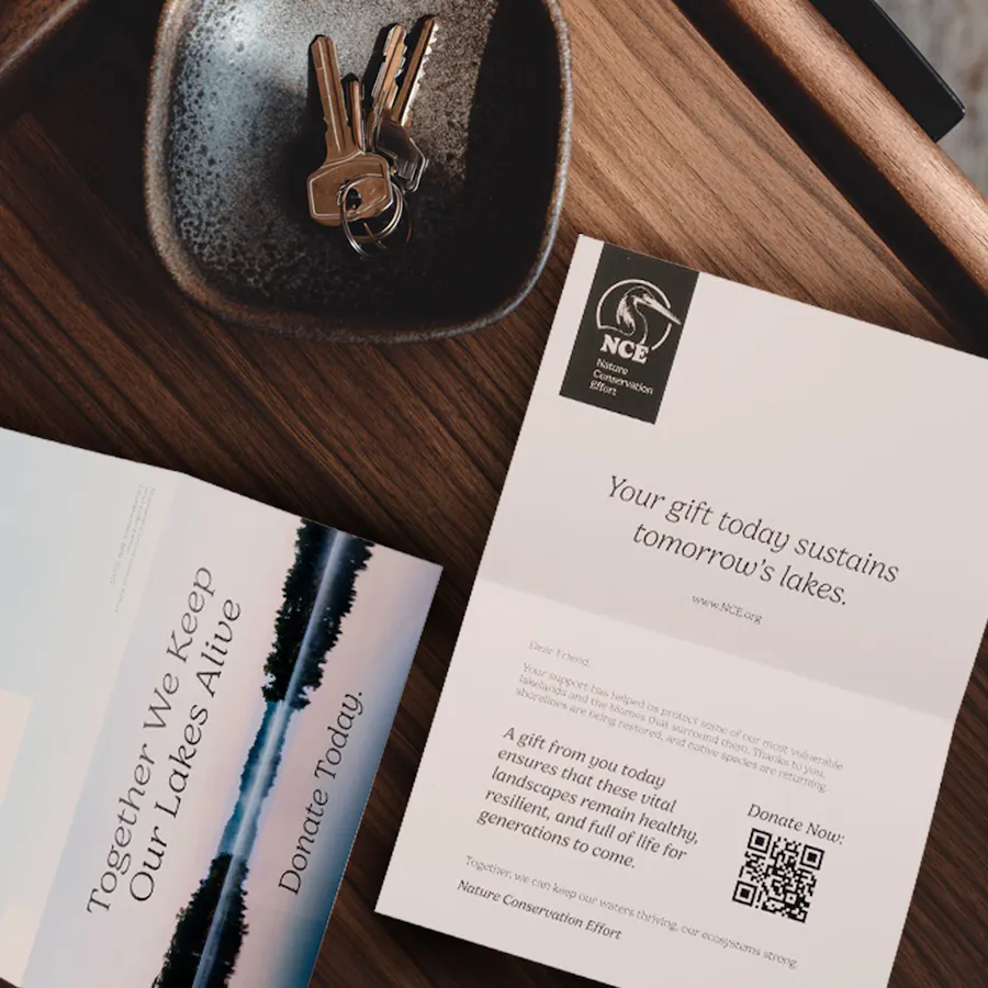 A self-mailer with year-end giving messaging on a table next to a bowl with keys in it.