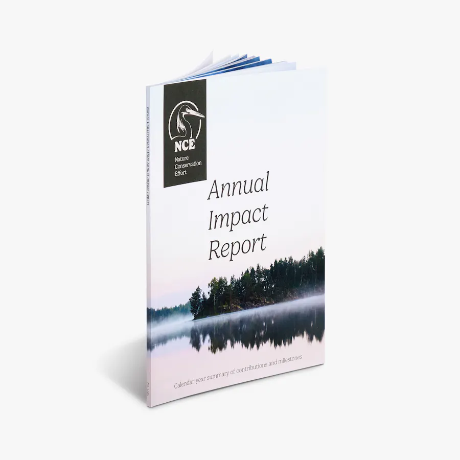 An annual report standing and printed with a lake and trees image on the cover and NCE in the corner.