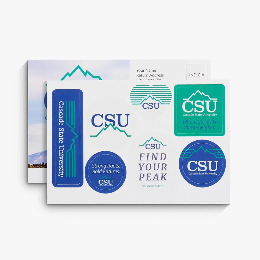 Two sticker postcards with stickers printed with Cascade State University branding.