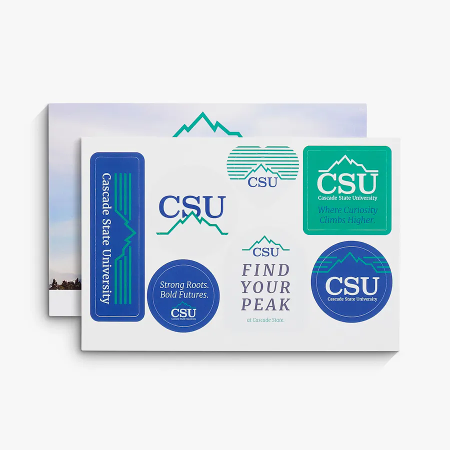 Two sticker postcards with stickers printed with Cascade State University branding.