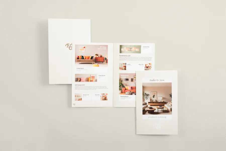 Three custom catalogs overlapping each other and printed with furniture imagery.