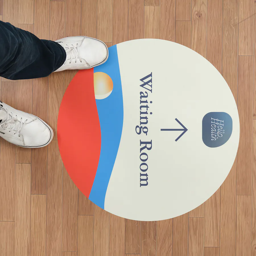 Two feet standing on a floor graphic printed with Waiting Room and Hello, Health.