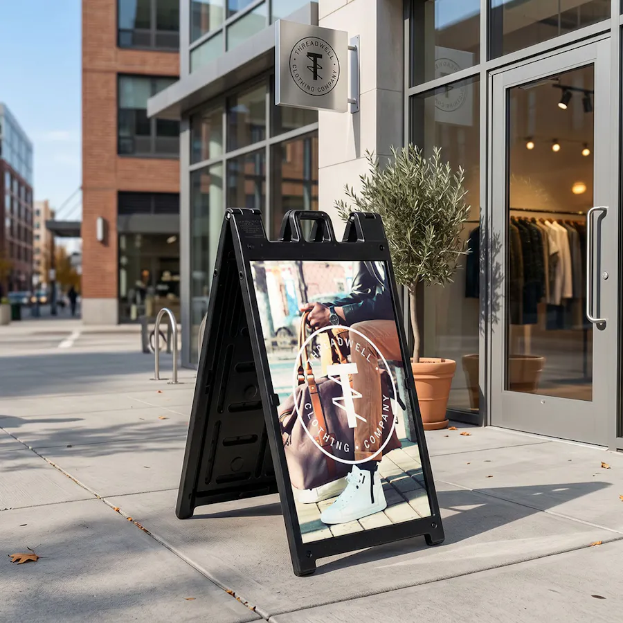 A sidewalk sign outside a retail store and printed with Threadwell Clothing Company.
