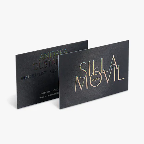 Holographic Raised Foil Business Card Two business cards overlapping each other and printed with holographic raised foil.
