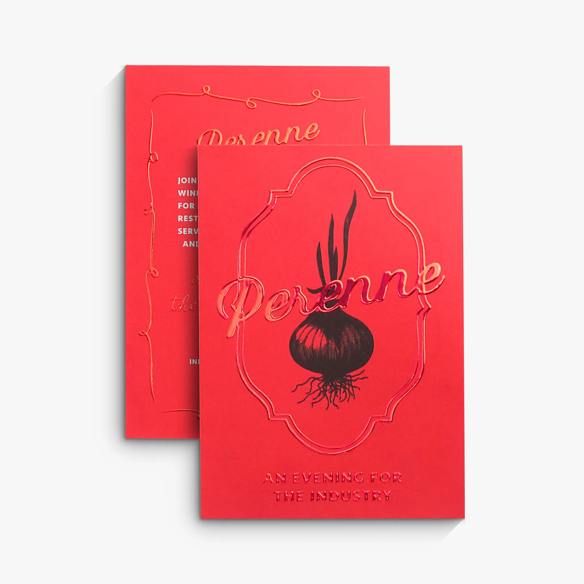 Two custom cards printed with a red background, onion graphic and raised foil.