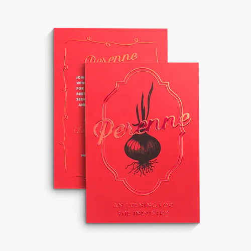 Red Raised Foil Card Two custom cards printed with a red background, onion graphic and raised foil.
